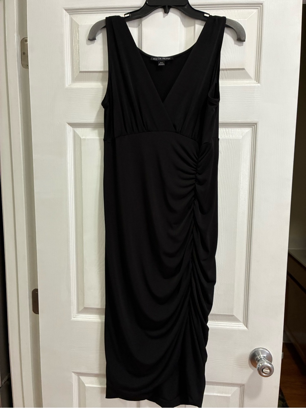 Boston Proper Black Ruched V-Neck Midi Dress